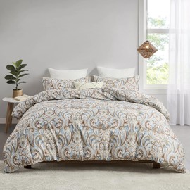 CozyQQ Paisley Floral Duvet Cover - 100% Organic Cotton 3-Piece Luxury Brown Blue Queen Size Duvet Cover Set, Lightweight 400TC Reversible Vintage Damask Bedding Set with 2 Shams, All-Season 90"x90"