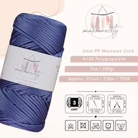 Makromecity, Polyester Macrame Cord 2mm x 250 Yards (750 feet) 2mm Polypropylene Macrame Cord for Macrame Art & Crafts for Wall Hangings, Bags, Underplate, Rug (29 Colors Available)