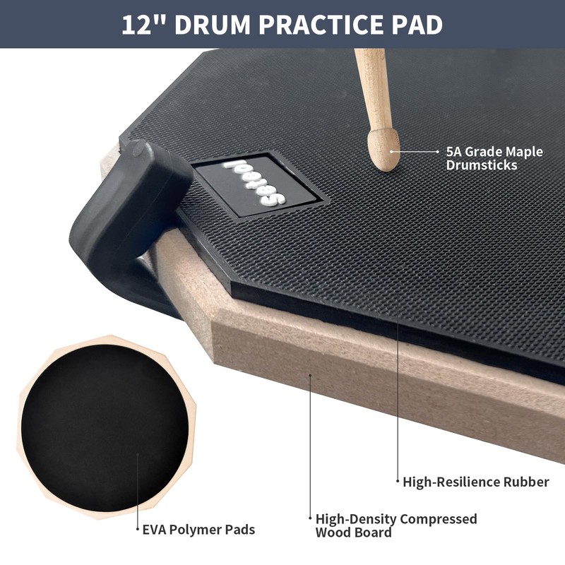 Seteol Drum Practice Pad Set, 12 Inch Double Sided Silent