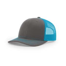 Richardson 112 Trucker Hat Snapback Cap Adjustable Baseball Hat Blank Hat Bulk Hats - Charcoal/Neon Blue