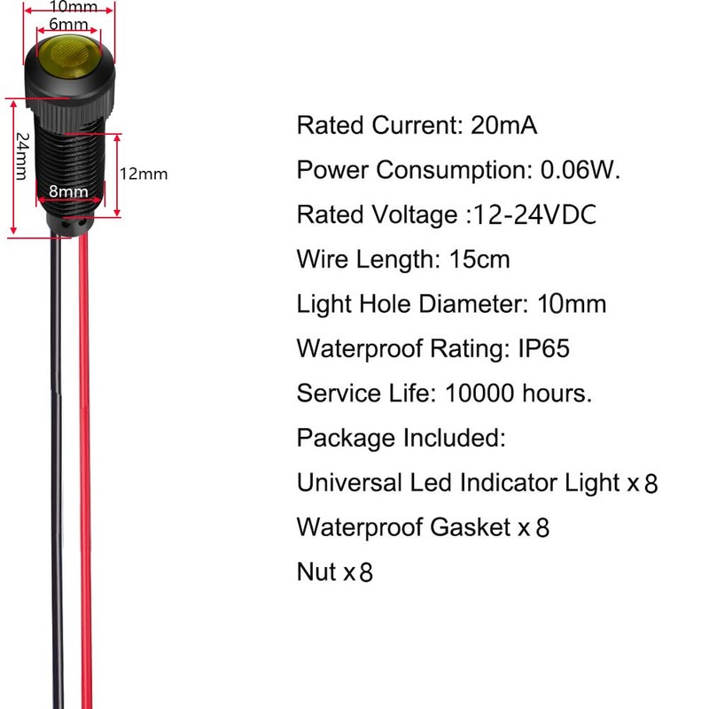 Gebildet Pack of 8 Yellow Indicator Light, AC/DC 12-24V, Mounting