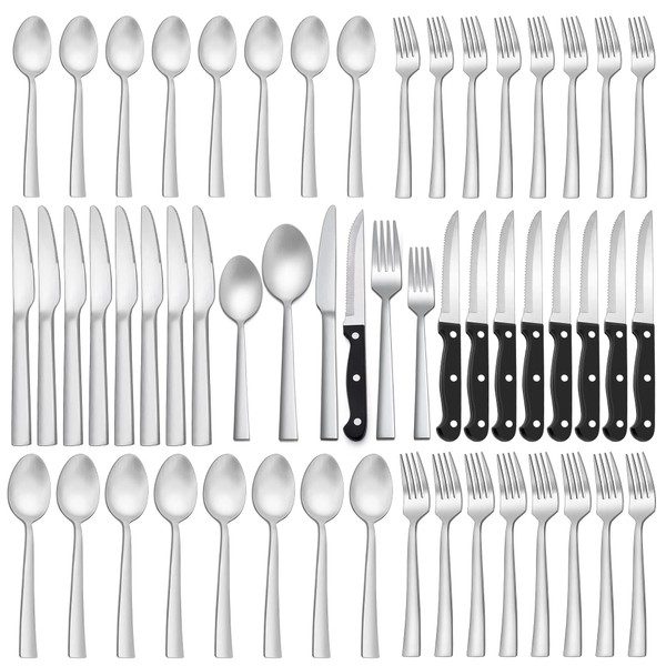 LIANYU 72-Piece Matte Silverware Set with Steak Knives, Stainless Steel Flatware Cutlery Set for 12, Square Eating Utensils Tableware Include Forks Knives Spoons, Dishwasher Safe