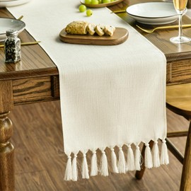 Artoid Mode Beige Tassel Table Runner, Boho Linen Blend Rustic Farmhouse Style Kitchen Table Decoration Holiday Wedding Party Dinning Decor 13x90 Inch