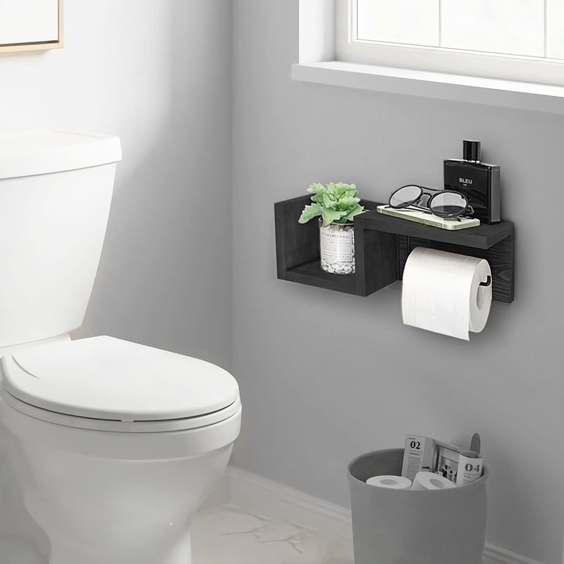 Wooden Black Toilet Paper Holder with Shelf - Wall Mount