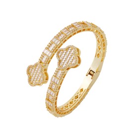 Iced Out 5A Cubic Zirconia Four-Leaf Clover Lucky Bangle Bracelet For Men Women, Gold Plated Baguette Diamond Bracelets, Dainty Clover Bangle Bracelet with Spring Clasp (Gold, 8 Inches)