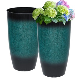 Autodaya 23.6" H Large Tall Outdoor Planters, Set of 2 Plastic Large Flower Pots for Outdoor Plants, with Gradient Turquoise Finish, Weather-Resistant for Porch, Garden, Patio or Indoor Use