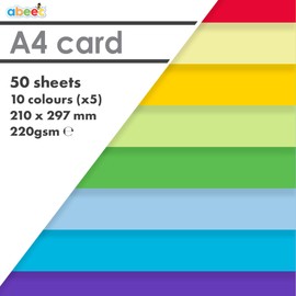 abeec Coloured Card Pack A4 | 50 Sheets | 10 Assorted Colours Including White Card A4 | Perfect for Crafting, Scrapbooking, and DIY | 220GSM Card