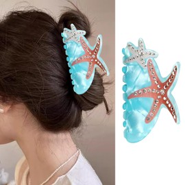 1Pack Starfish Hair Claw Clip - Summer Beach Starfish Hair Clip Blue Acetate Non Slip Hair Jaw Barrettes Exquisite Crystal Marine Life Starfish Hair Clamp Strong Hold Hair Accessories for Women Girls