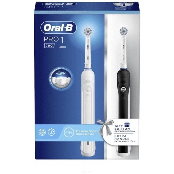 Oral-B Pro 1 790 Sensitive Electric Toothbrushes (Pack of 2) with Rechargeable Handles, Brown Technology, 1 Replacement Head, Charger and Pressure Sensor, White and Black, Original Gifts