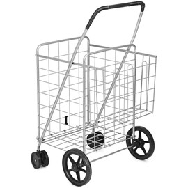 Nightcore Folding Shopping Cart, Large Grocery Utility Cart with Swiveling Wheels & Dual Storage Baskets, Light Weight Trolley with Portable Handle, Ideal for Laundry Book Luggage Travel (Silver)