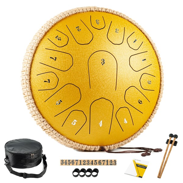 HOPWELL Steel Tongue Drum - 13 Inches 15 Notes Tongue Drum - Hand Pan Drum with Music Book, Drum Mallets and Carry Bag, D Major (Yellow)