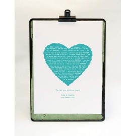 Song Lyrics - First Dance - Our Song - A4 A3 A2 Sized Poster in Vintage Solid Heart Design - Print Only