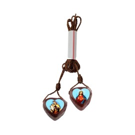 Pack of 6 pcs | Small Wood Heart Shape Scapular I Sacred Heart of Jesus & Our Lady of Mount Carmel Medals I Escapularios Catolicos I Catholic Necklace