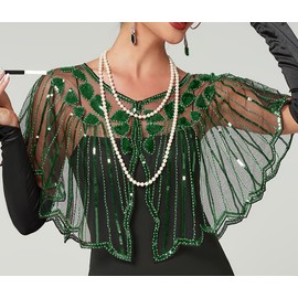 BAOKELAN Women 1920s Shawl Sequin Beaded Evening Cape Retro Wraps Scarf Cover Up for Wedding Party Bride Dress Green