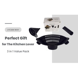 LYCIAN WAY Clip on Strainer Silicone for All Pots and Pans, Pasta Strainer, Colander, Plus Silicone Collapsible Funnel, Garlic Peeler -3 Pack- Space Saving Design, Easy to Clean, Food-Safe - (Orange)