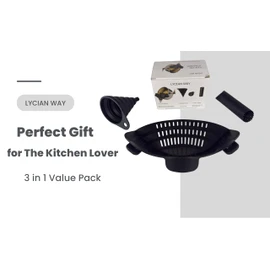 LYCIAN WAY Clip on Strainer Silicone for All Pots and Pans, Pasta Strainer, Colander, Plus Silicone Collapsible Funnel, Garlic Peeler -3 Pack- Space Saving Design, Easy to Clean, Food-Safe - (Orange)