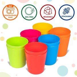PLASKIDY Kids Plastic Cups Set of 12 Toddler Cups 8 Ounce Children Drinking Tumblers - Reusable Dishwasher Safe BPA Free