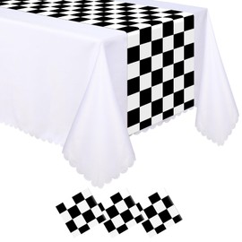 Preboun 3 Pcs Plastic Checkered Table Runner 14 x 108 Inch Racetrack Road Table Runner for Two Fast Car Theme Birthday Racing Party Decor Events Supplies (Black White Checkered)