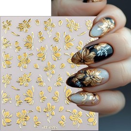 CharmeFleur Pack of 6 Golden Nail Art Stickers 3D Metal Petal Nail Decal Gold Cherry Blossom Flowers Nail Stickers Butterfly Nail Art Design Accessories for Women Girls