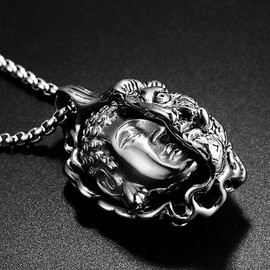 YUANXIN Half Buddha Half Devil Thought Domineering Necklace Personality Men Long Titanium Steel Pendant Women Retro Pendant Jewelry Accessories (Silver)