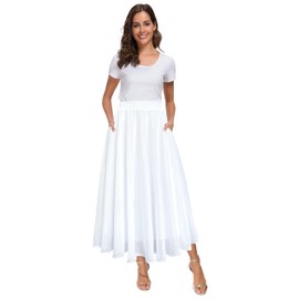 Afibi Women High Waist Floral Print Swing Chiffon Beach Midi Long Skirt with Pockets, Pure White, Small