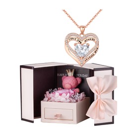Generic Birthday Gift for Her, Preserved Rose Gift Box, Cute Moss Bear for Wife Girlfriend on Birthday Anniversary Mothers Day Christmas (Pink box+necklace01)