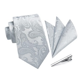 HISDERN TA-004S Wedding Necktie, Silver, Men's Necktie Square Set, Business, 3-Piece Set, Tie Clip, Luxury Gift Box Included, Gentlemen, For Formal Dresses, School Entrance Ceremonies, Graduation