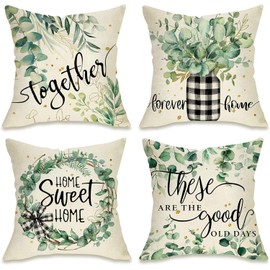 BAOKU Cushion Covers 45x45 cm Pillow Covers Spring Decorative Home Decor for Bed Couch Sofa Bedroom Office Pack of 4 wreath of green flowers Pattern Linen Pillowcase 18x18 Inch