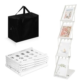 Foldable Magazine Rack Metal, Folding Literature Floor Display Stand 4 Pocket with Portable Bag Catalog Holder Booklets Brochure Shelf for Holding Newspaper Trade Show Accessories Office Retail Home