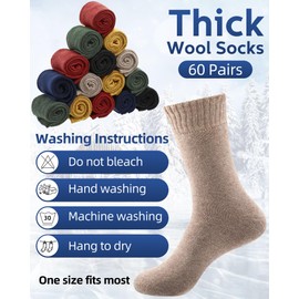 Toulite 60 Pairs Men Thermal Winter Socks Bulk Warm Thick Cozy Boot Socks for Winter Hiking Men Women Homeless Care (Black, Red, Army Green, Navy Blue, Turmeric, Khaki)