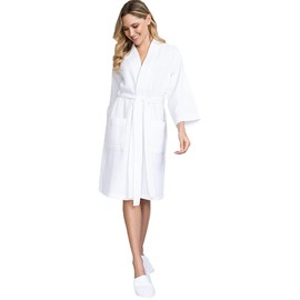 Lotus Linen Women's Bathrobe - Lightweight Waffle Kimono Knee Length White Robes - Cotton Spa Bathrobes - Bridesmaids Robe Set (Small, White)