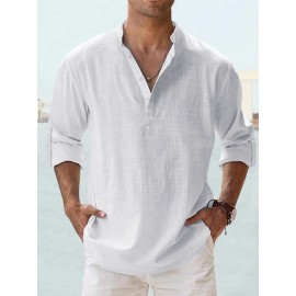 2026 NEW KJ S-5XL Linen Standing Neck Long Sleeved T-shirt Loose Fitting Men's Sweatshirt Solid Color Long Sleeved Linen ShirtColor: White, Size: M