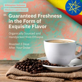 Ethiopian Sidama Coffee Beans - Single Origin Medium Light Roast Beans, Freshly Roasted To Order Whole Bean Coffee, Specialty Grade, Non-GMO