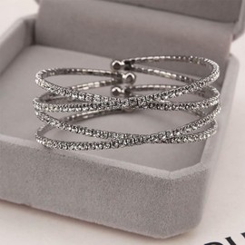 Danshinbow Multi Layered Rhinestone Bracelet Adjustable Opening Bangle Jewellery for Women and Girls, Silver alloy
