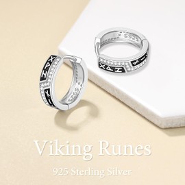 Odinstone 925 Sterling Silver Norse Viking Runes Hoop Earring Celtic Knot Earrings for Women Men Hypoallergenic Huggie Hoops Jewelry Gift, Small, Sterling Silver, Cubic Zirconia