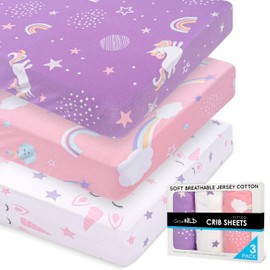 GROW WILD Unicorns & Rainbows Fitted Crib Sheets Girl (3 Pack) - Soft Jersey Cotton Fitted Sheet, Toddler Bed Mattress & Baby Crib Bedding Set for Girls, Baby Girl Nursery Crib - Pink, Purple & White