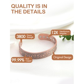 Feraco Copper Bracelet for Men 12X Enhanced Strength Magnetic Bracelets with 3800 Gauss Neodymium Magnets, 99.99% Pure Copper Cuff Bangle, Adjustable Jewelry Gift for Him (Oak)