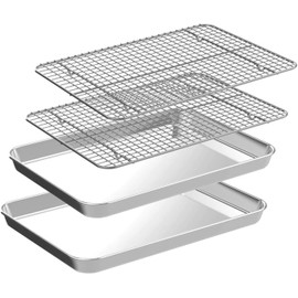 CEKEE Quarter Sheet Pan with Cooling Rack Set [2 Baking Sheets + 2 Baking Racks], CEKEE Stainless Steel Cookie Sheets for Baking and Wire Rack - Rust & Warp Resistant & Nonstick, Size 12 x 9.8 x 1 Inch