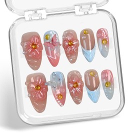 Flower Press on Nails Pink Blue Gradient Medium Almond Fake Nails with 3D Floral Butterfly Pearl Design Handmade Press on Nails French False Nails Muti-Layer Gel Acrylic Nails for Women (Size M)