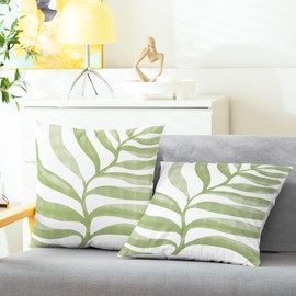 CaliTime Throw Pillow Covers Decorative 18 X 18 Inches Pack of 2 Cozy Fleece Modern Abstract Plant Leaves Cushion Cases for Couch Bed Sofa Farmhouse Decoration Sage Green