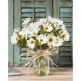 PETALS - Farmhouse Daisies Silk Flower Arrangement in Glass Mason Jar - White