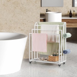 Freestanding Towel Racks for Bathroom Towel Drying Rack with Wheels Metal Standing Towel Holder 4 Tier Blanket Stand with Storage Shelf Floor Towel Rack with Hooks for Bedroom Dorm Pool (White)