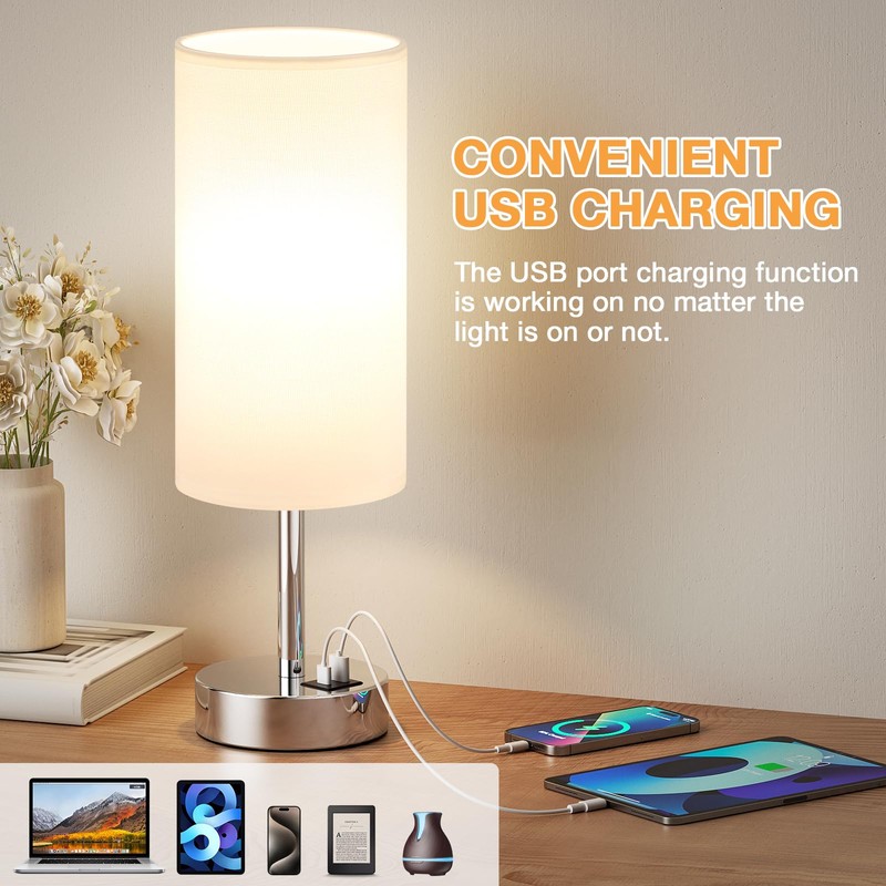 Aooshine Bedside Lamps, Dimmable Table Lamps with White Fabric Shade,