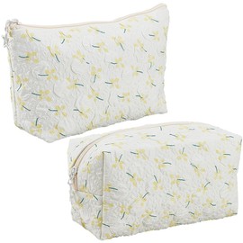 CABODYALS 2 Pieces 2 Styles Yellow Cute Cosmetic Bags Set with Floral Pattern Quilted Make Up Bag Made of Polyester with Zip Portable Storage Toiletry Bag Organiser Fabric Clutch for Women
