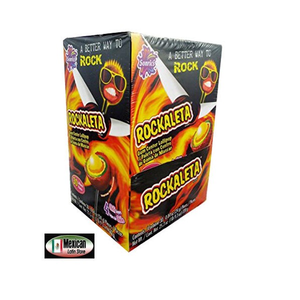 Sonrics Rockaleta Lollipops Gum Center display 30 pops on box