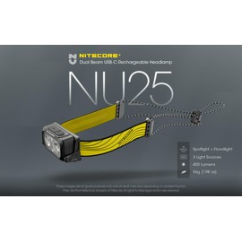 EdisonBright Nitecore NU25 400 USB-C Rechargeable Lightweight Dual Beam Headlamp with EBR Power Adapter