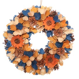 Spring Wreath Wooden Hanging Wreath Door Decoration Blue & Orange Spring Door Garland 32cm
