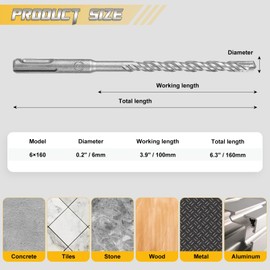 SDS Plus Drill Bit Set 6 x 160 mm, 3-Piece Masonry Drill Bit Set, Professional Concrete Drill, Hammer Drill Bit with 4 Carbide Cuttings, Masonry Drill, Concrete Drill, Ideal for Drilling in Stone,