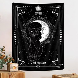 Gothic Black Cat Vertical Tapestry, Witchy Black and White Tarot Card Wing Bat Cat Cool Tapestry for Men, Moon Phases Aesthetic Anime Witchcraft Satanic Art Tapestry Wall Hanging for Bedroom Living