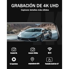 VISAUTO M20 Retrovisor con Camara, 12’’ Dash CAM para Auto Frontal y Trasera WiFi 4K con Pantalla Táctil, 2160P Espejo Camara para Carro con GPS, Visi